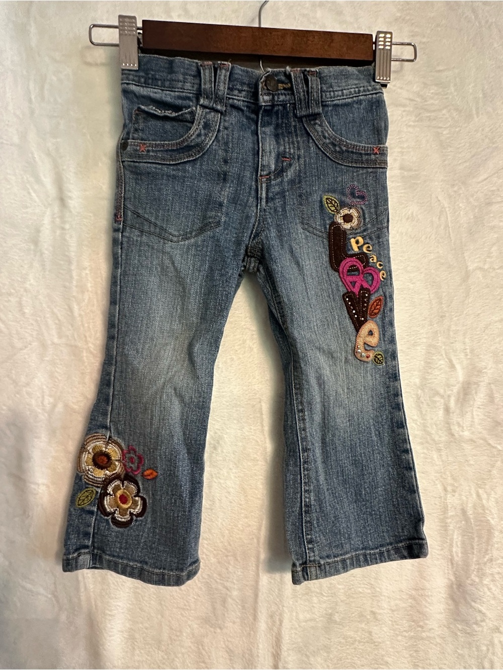 Vintage Y2K Girls' Blue Embroidered Denim Jeans - Peace Motif
